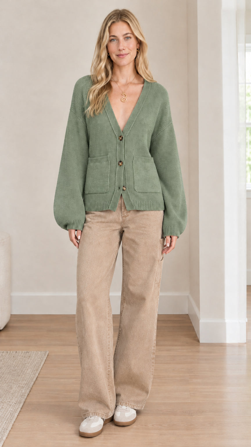 Front full-length view of model wearing sage green knit cardigan with patch pockets