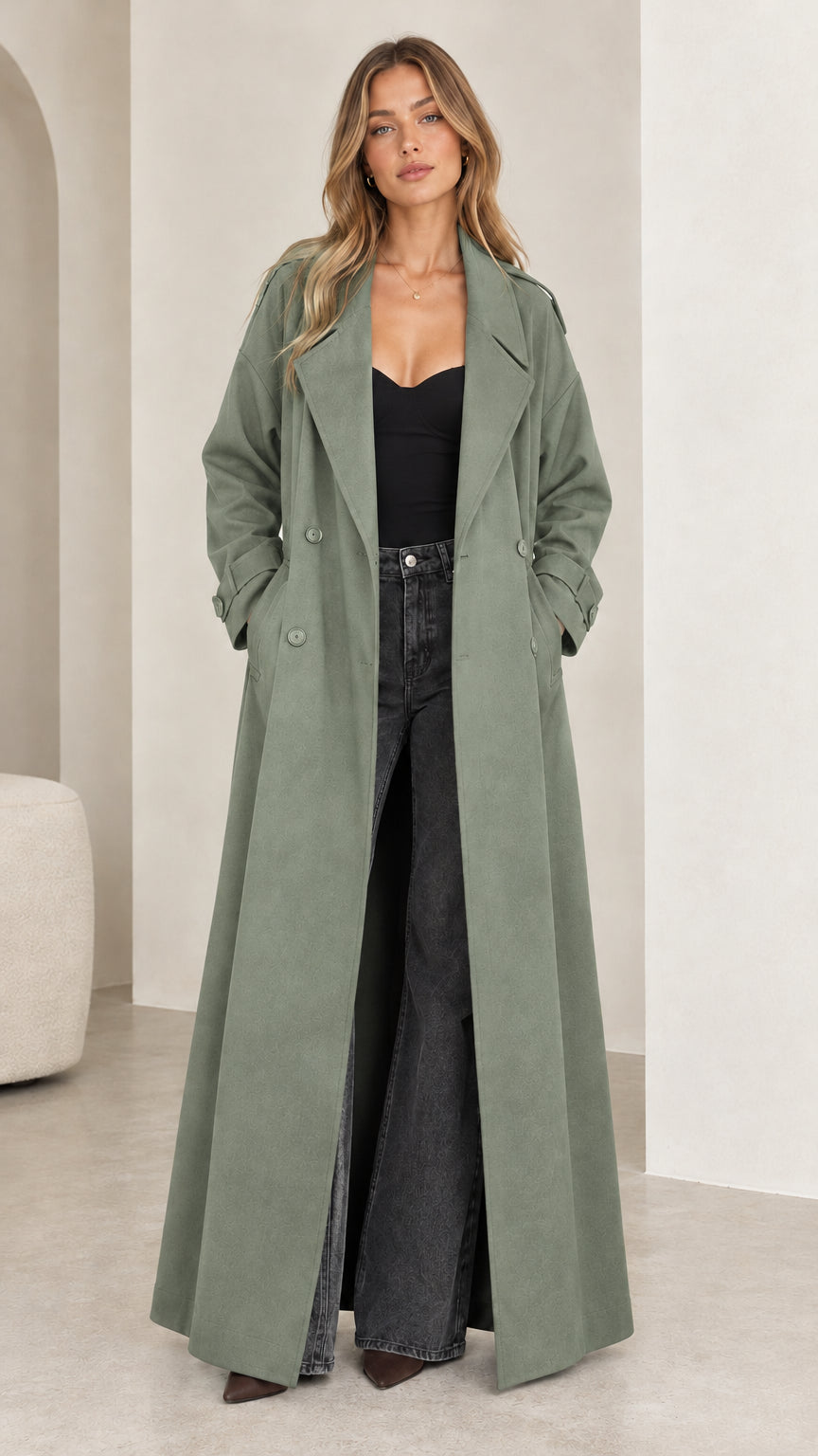 Full front view of model wearing the floor-length sage green double-breasted trench coat
