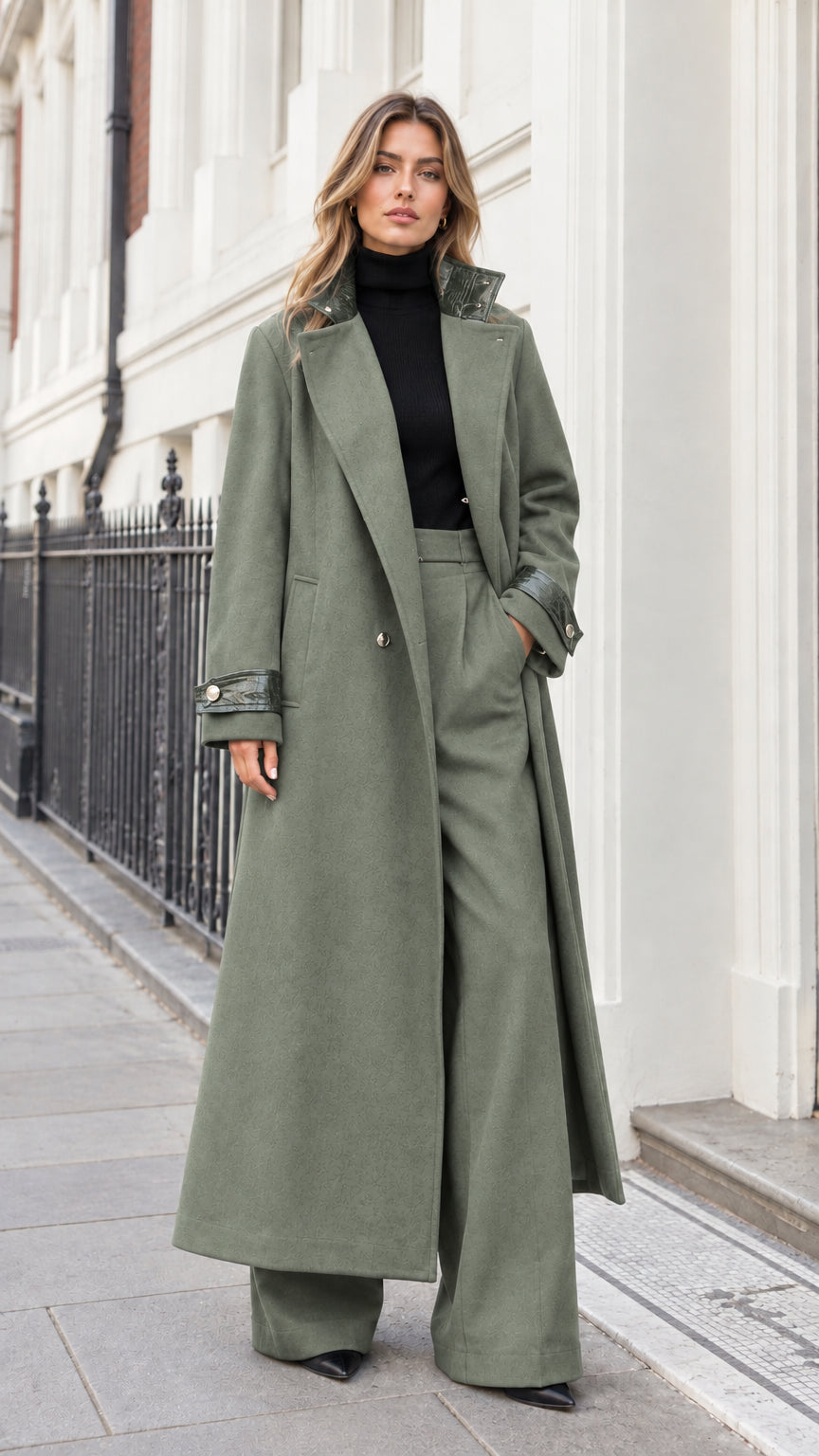 Full-length front view of woman wearing sage green maxi tailored overcoat with black top and matching green trousers