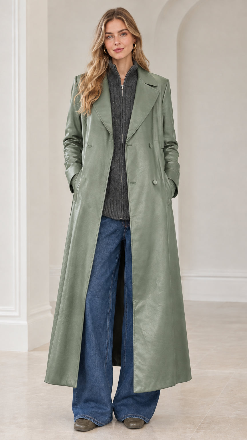 Full-length front view of model wearing sage green faux leather maxi trench coat