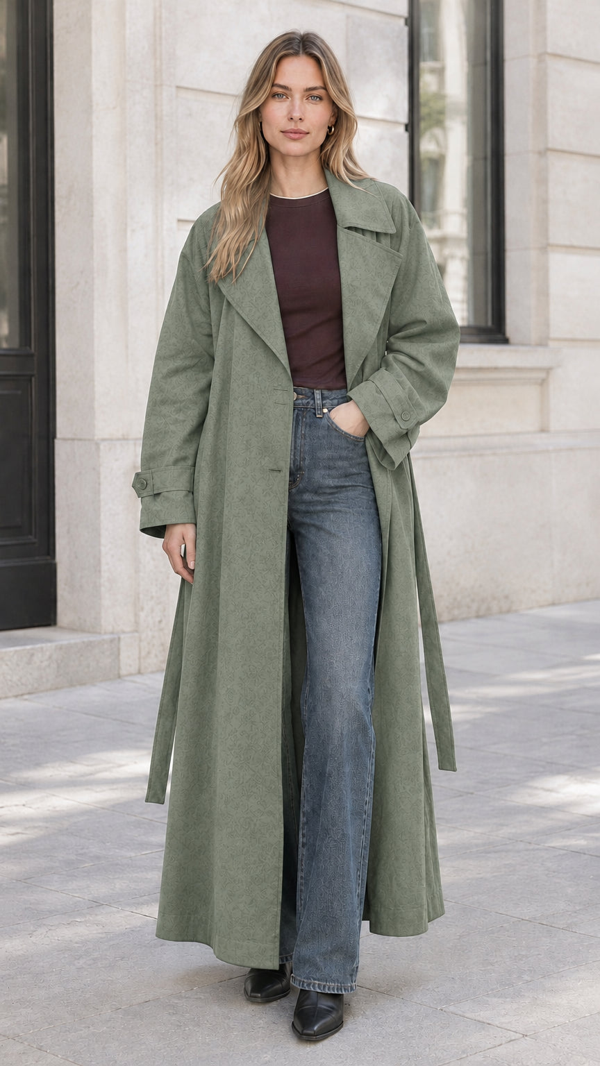 Front view of woman wearing sage green long belted duster trench coat