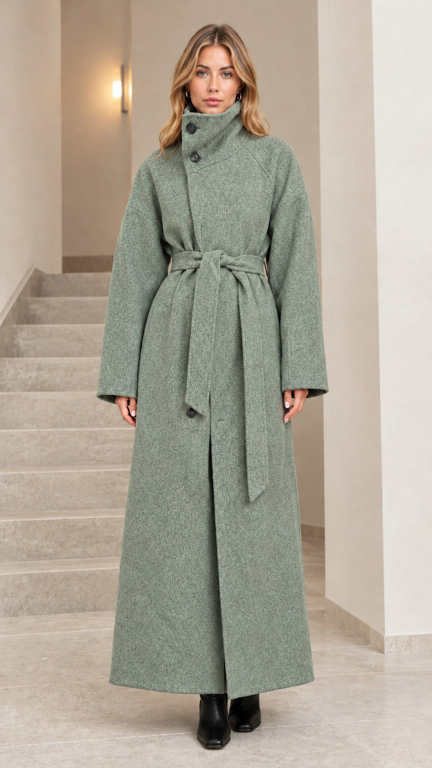 Front view of woman wearing sage green high collar belted maxi overcoat