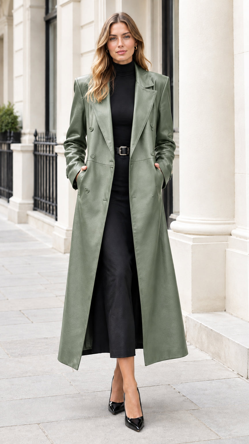 Front view of woman modeling sage green faux leather maxi trench coat