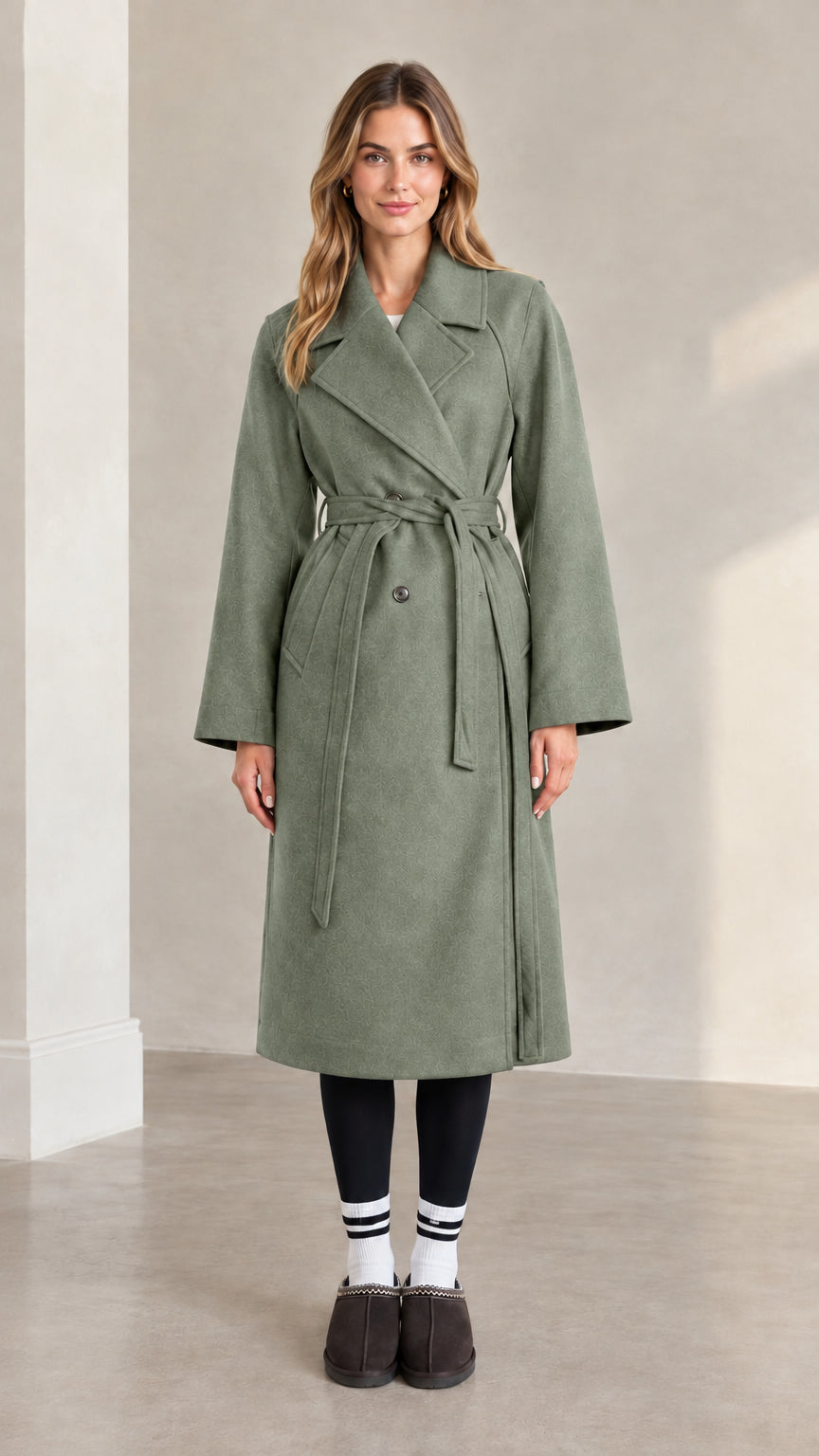 Front full view of woman wearing sage green longline belted trench coat