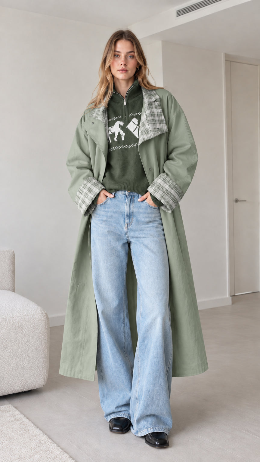 Front full-length view of woman wearing sage green long trench coat with plaid contrast cuffs
