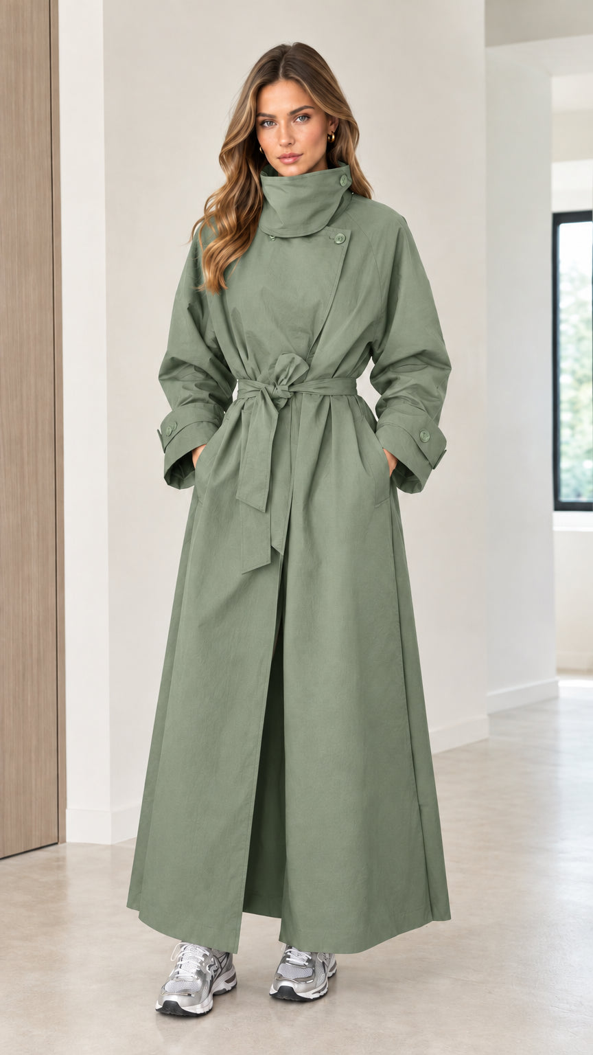 Front full view of a woman wearing a sage green long trench coat with a high collar