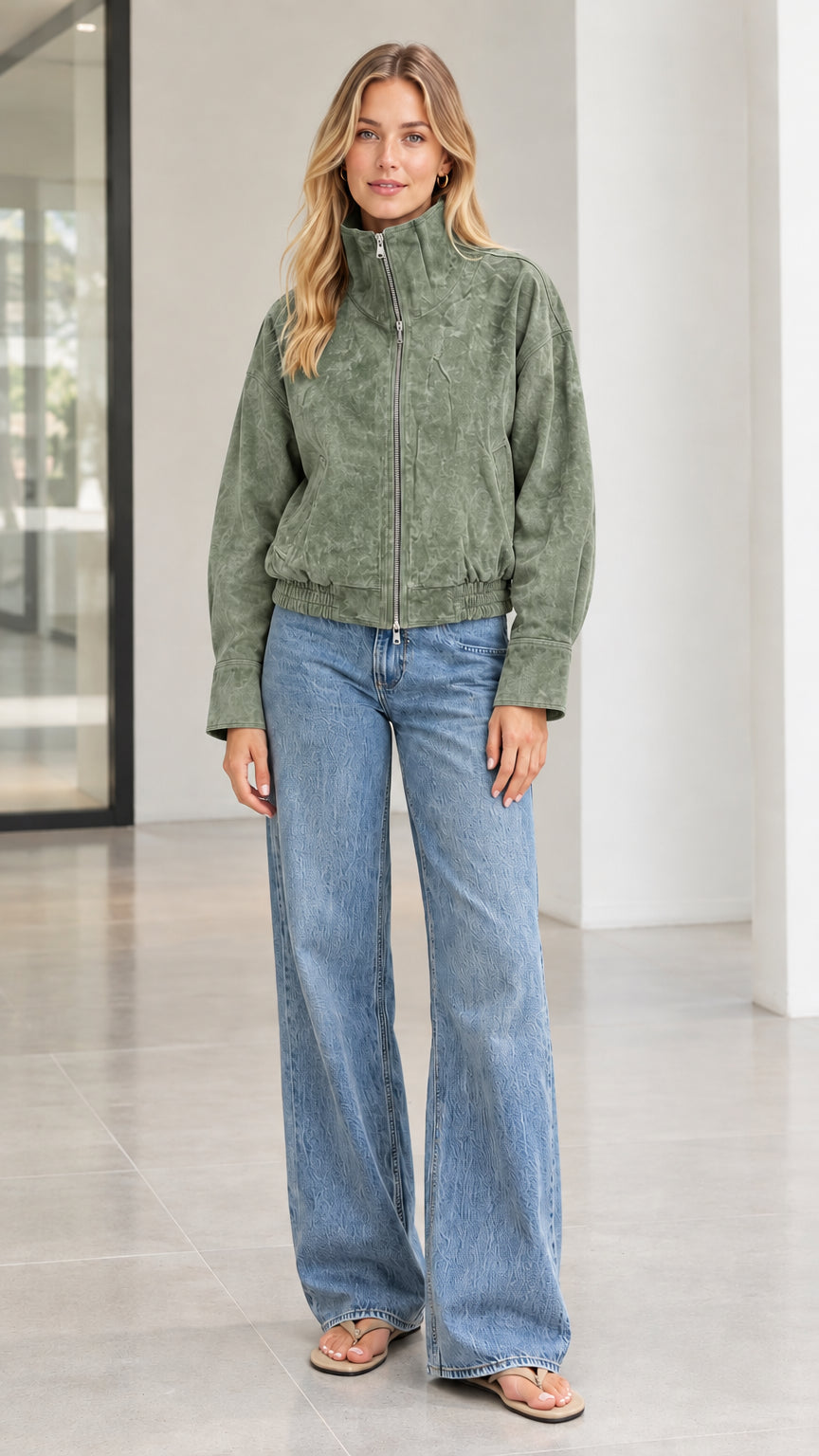 Woman wearing sage green textured corduroy zip bomber jacket