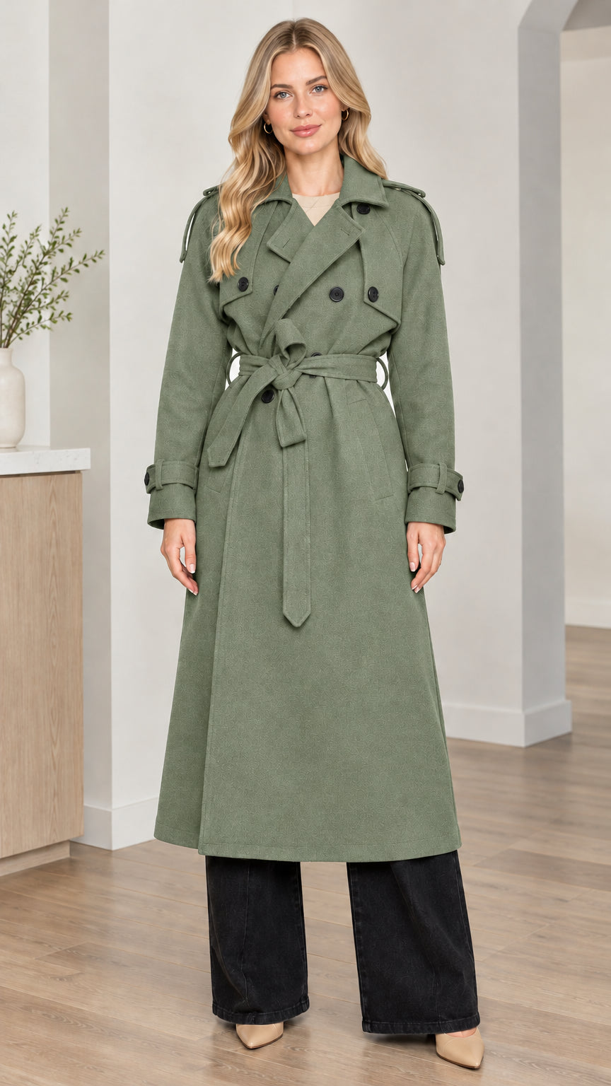 Front full-length view of woman wearing sage green double-breasted long trench coat with tie belt