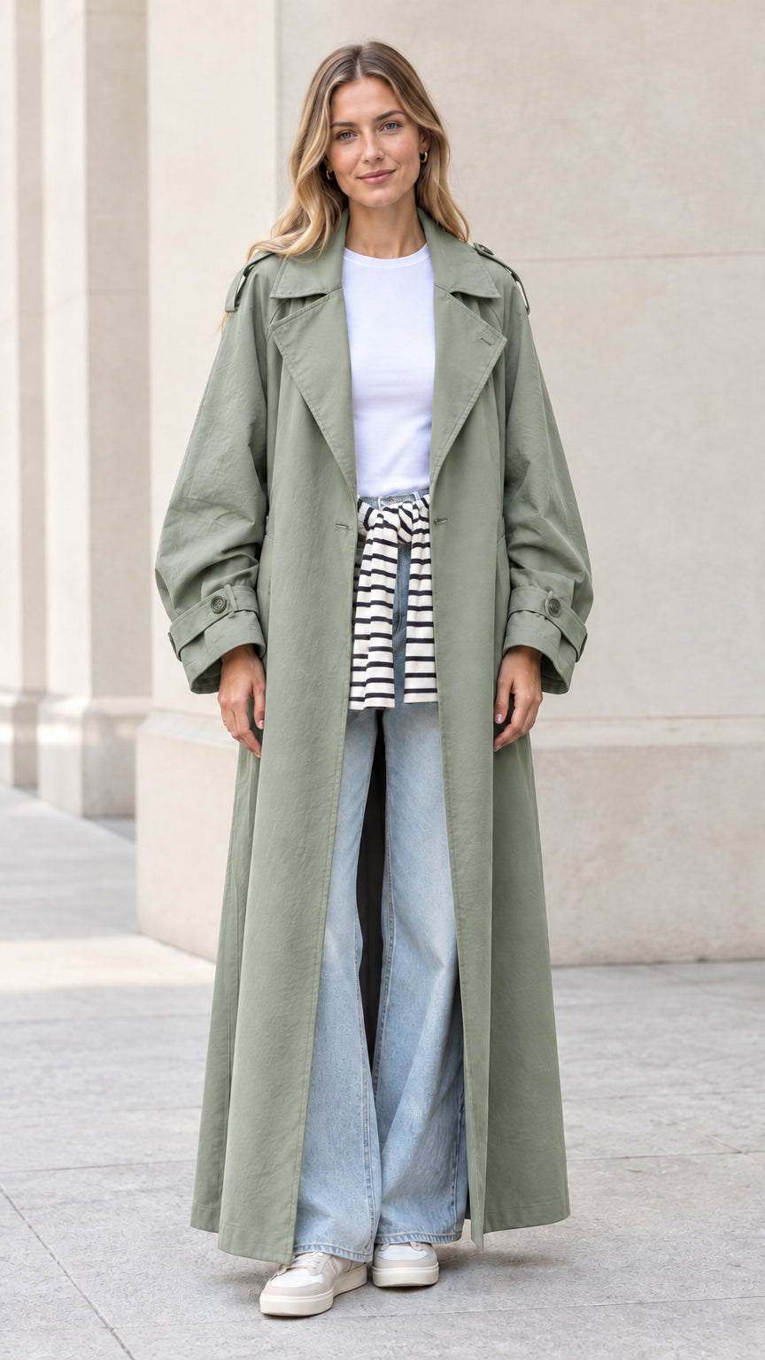 Front full view of woman wearing sage green maxi trench coat