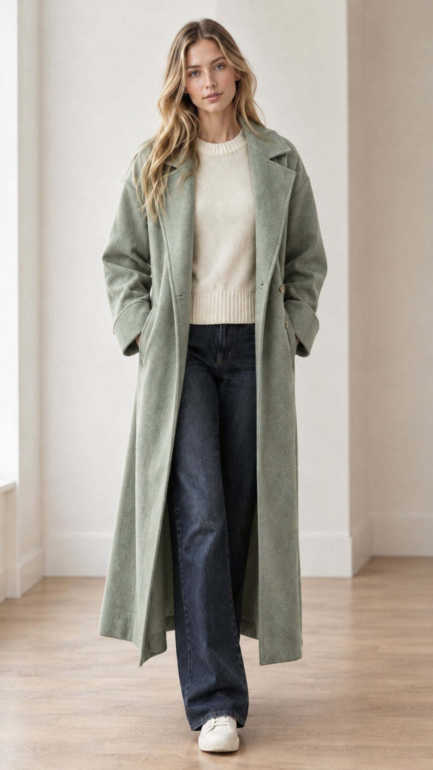 Full-length view of model wearing sage green longline belted overcoat