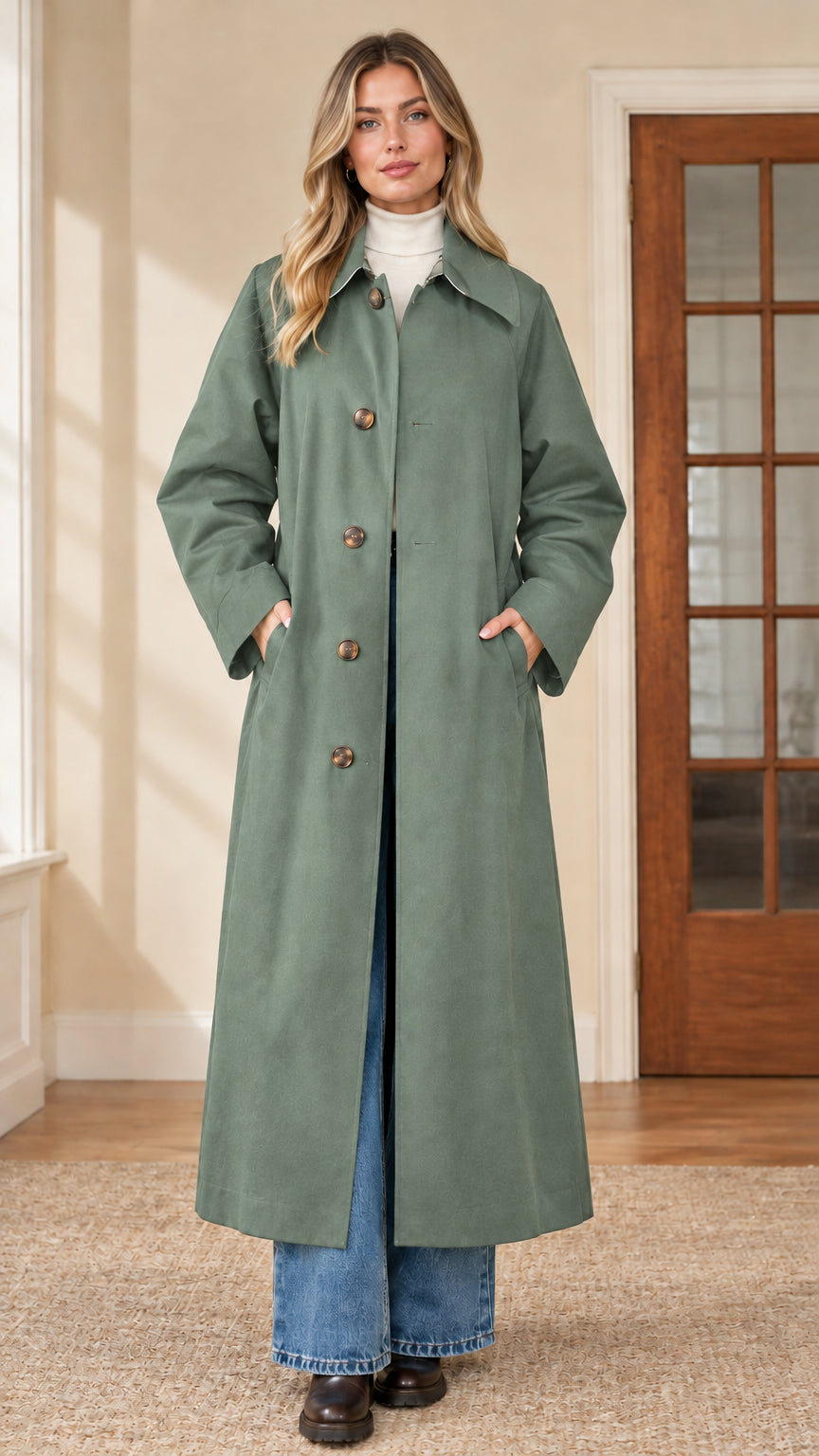 Full front view of woman wearing sage green maxi single-breasted trench coat