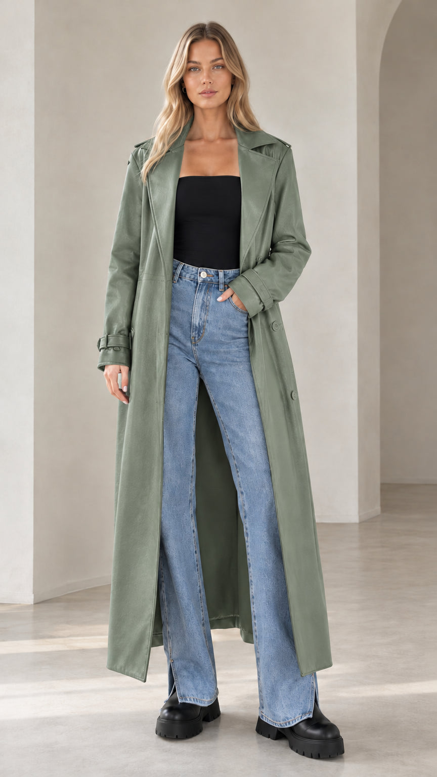 Front view of model wearing sage green faux leather maxi trench coat