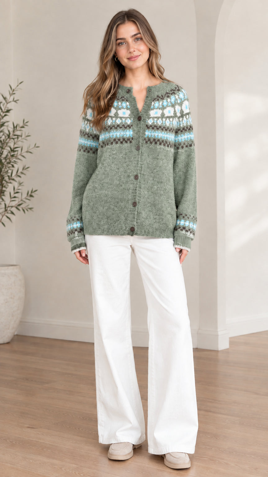 Front view of model wearing a sage green Fair Isle button-down knit cardigan sweater