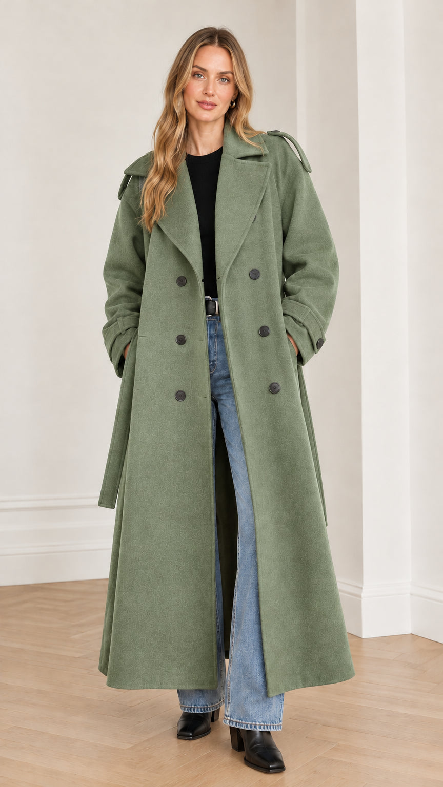 Front view of woman wearing sage green maxi trench coat with double-breasted closure