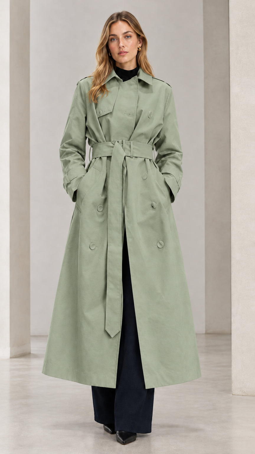 Front view of woman wearing Sage Green double-breasted maxi trench coat