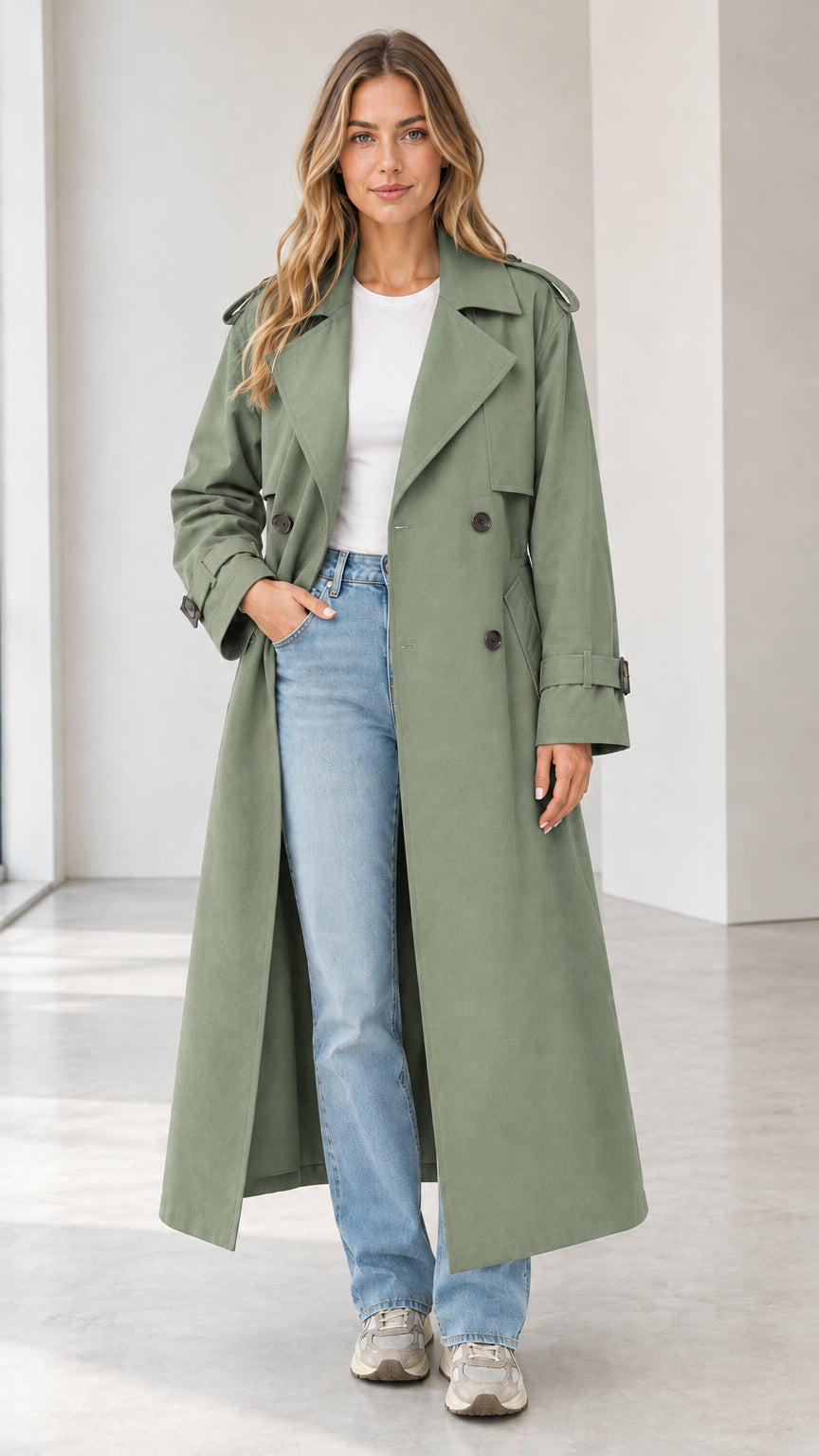 Full-length view of woman wearing the long sage green double-breasted trench coat