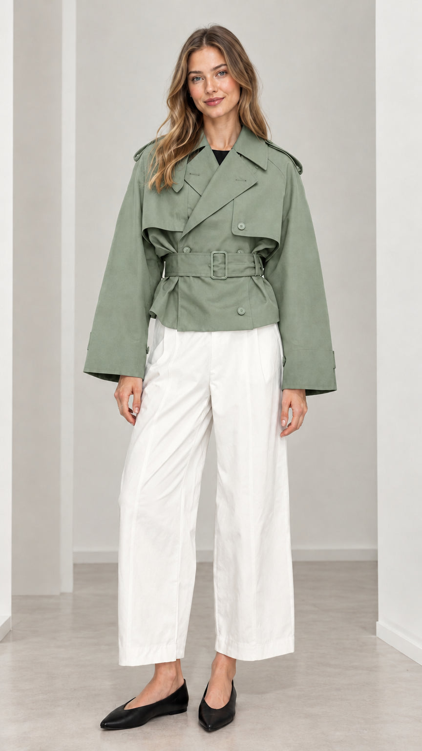 Front view of woman wearing sage green cropped double-breasted trench jacket with matching belt