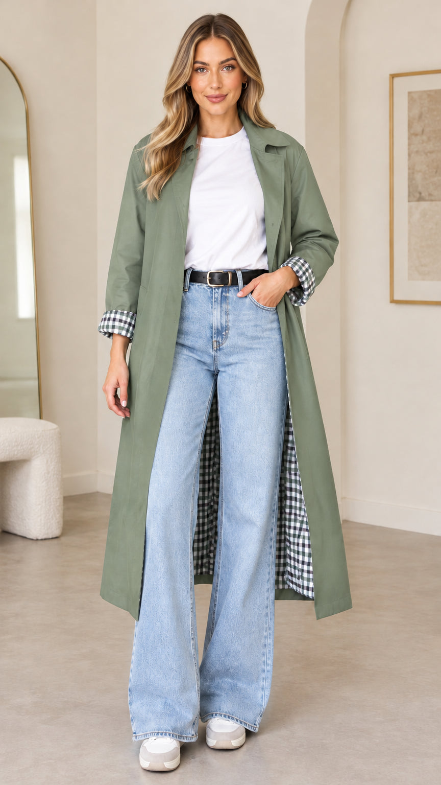 Front full-length view of woman wearing sage green long duster trench coat with plaid cuffs