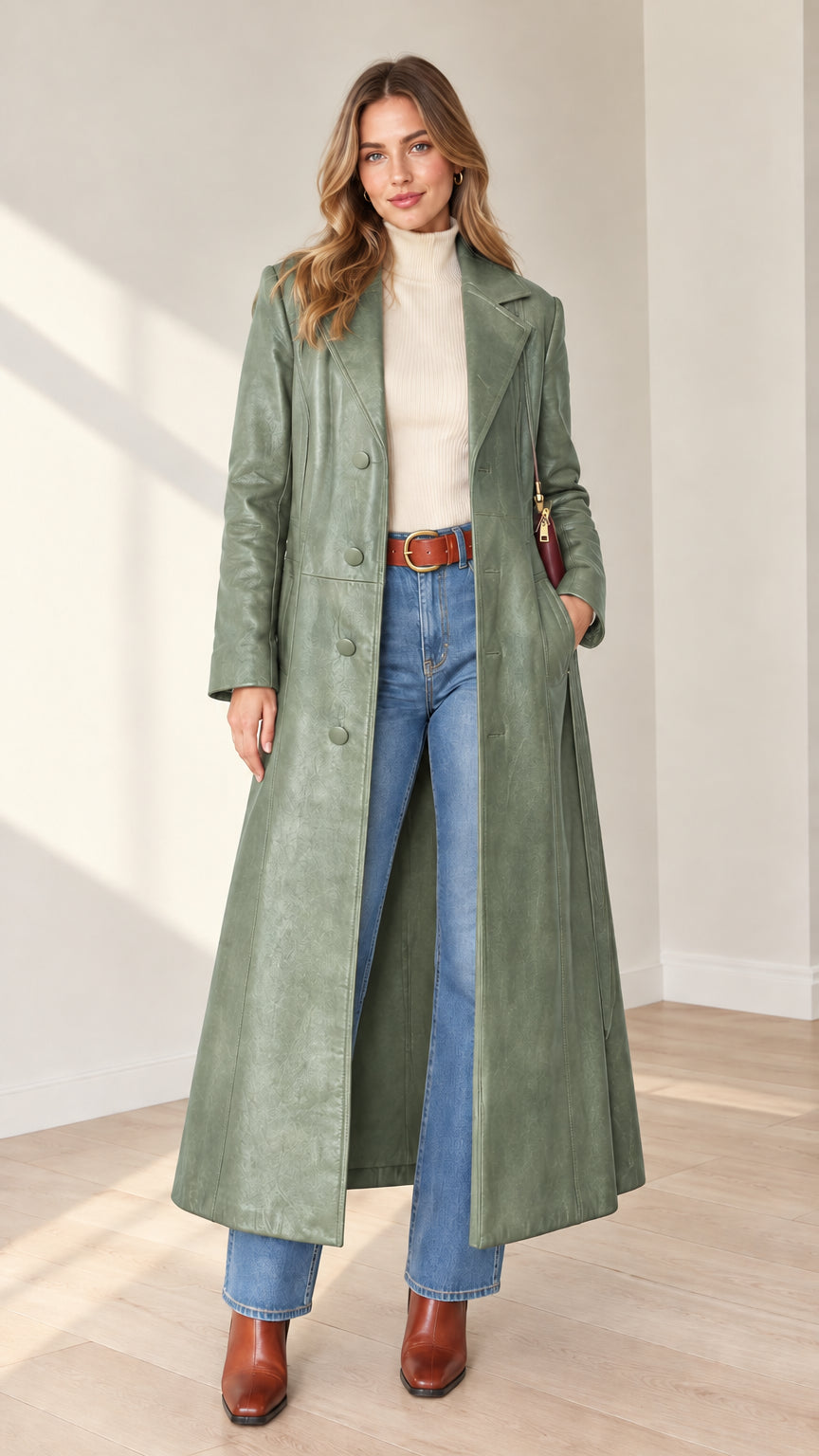 Front view of woman wearing full-length sage green faux leather trench coat