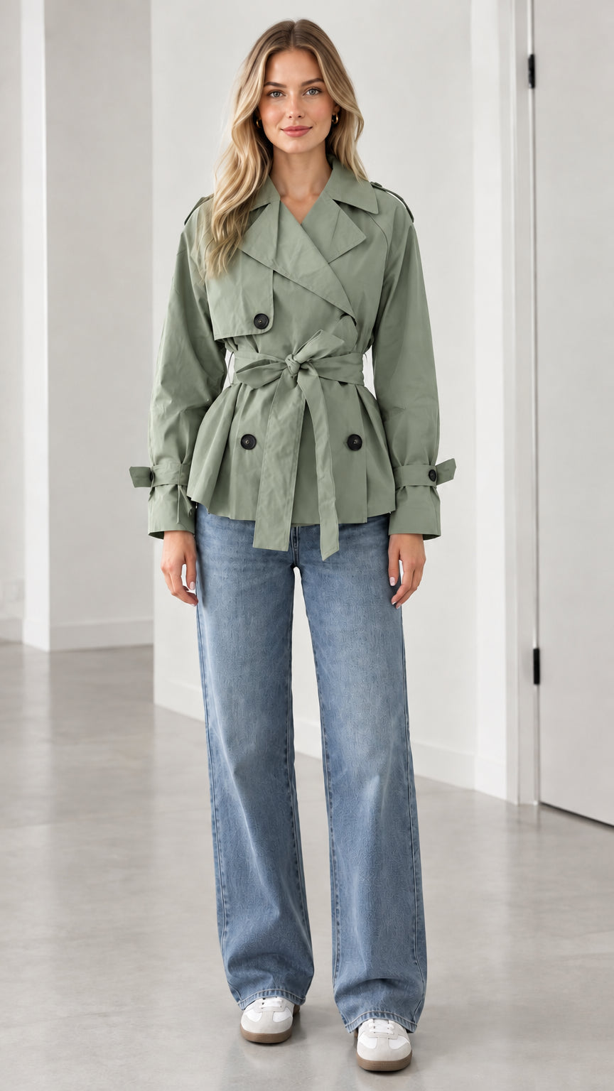 Front view of model wearing sage green short double-breasted belted trench coat