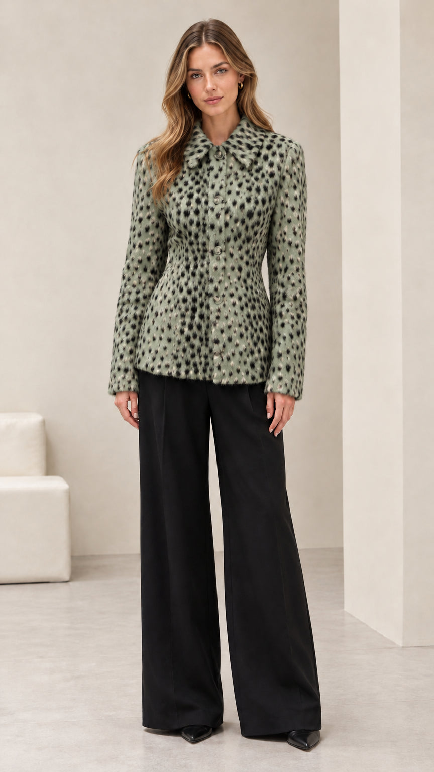 Front view of sage green textured animal print tailored jacket with black trousers