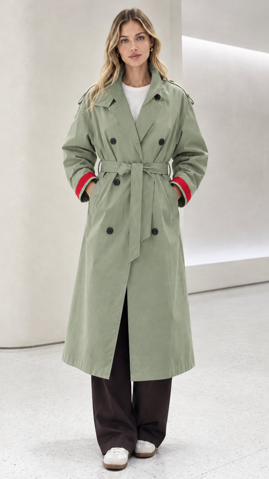 Front view of model wearing sage green double-breasted long trench coat with red cuff accents