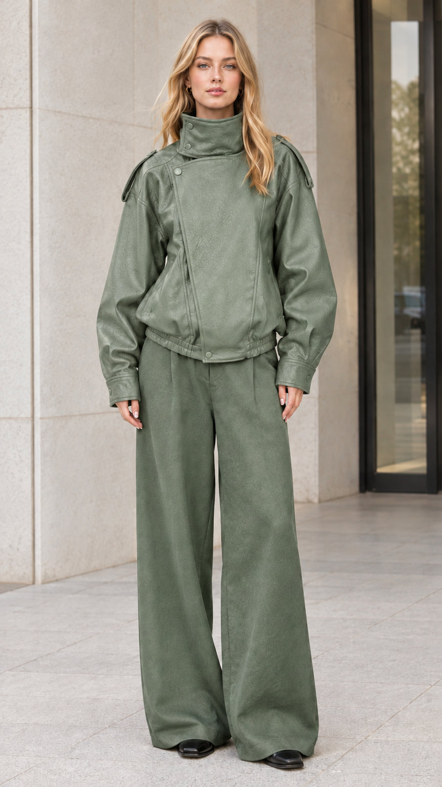 Front full-body view of model wearing sage green faux leather bomber jacket with matching sage green wide-leg trousers