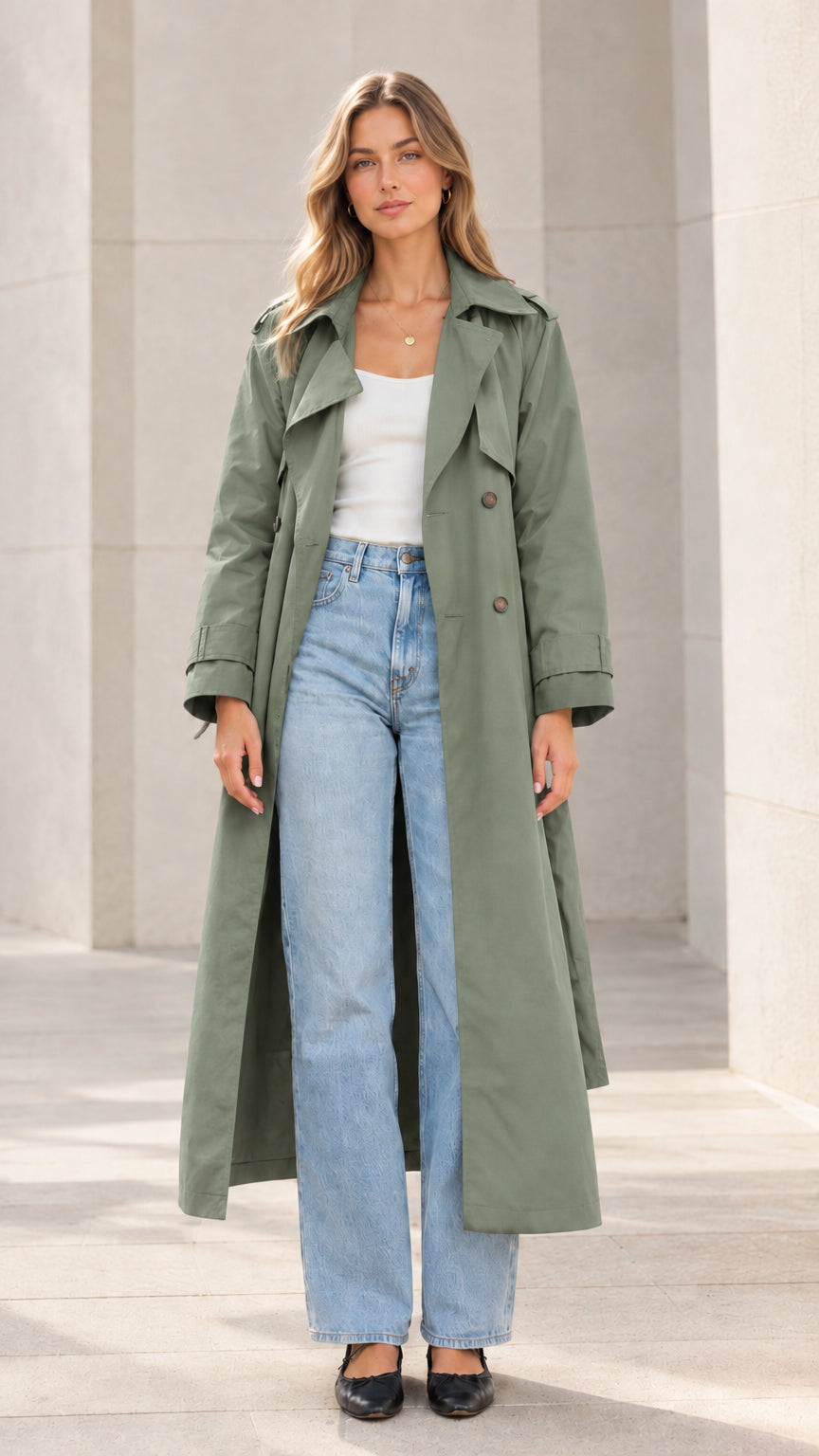 Front view of model wearing the long sage green trench coat