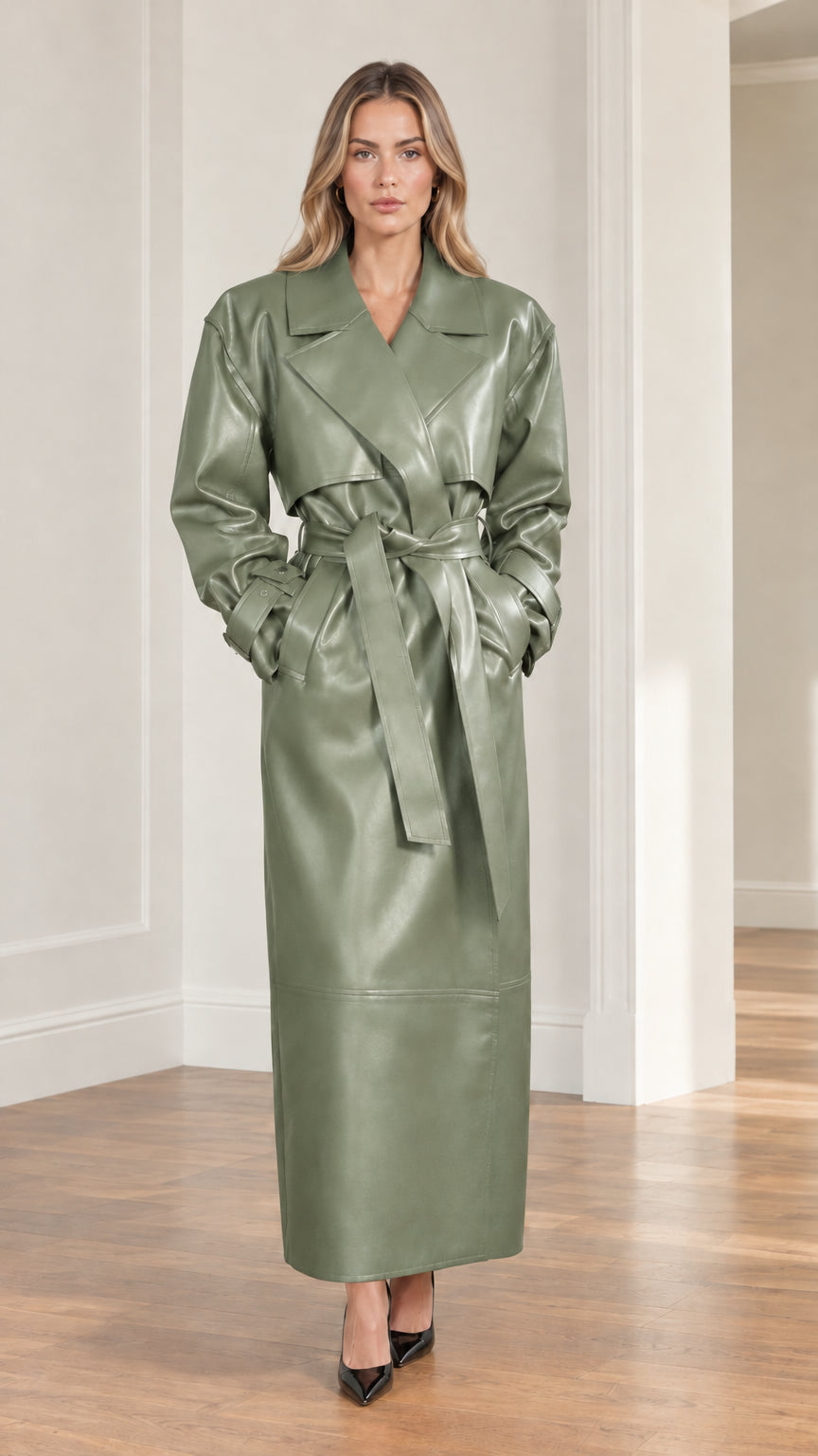 Model wearing sage green faux leather maxi trench coat