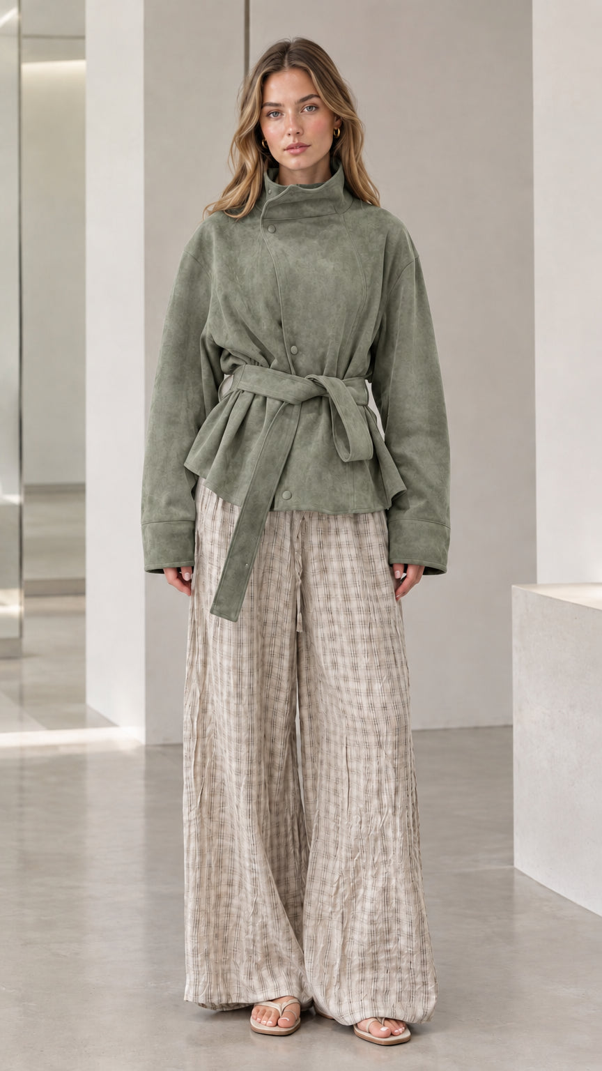Front view of model wearing sage green belted high-neck suede jacket with relaxed trousers