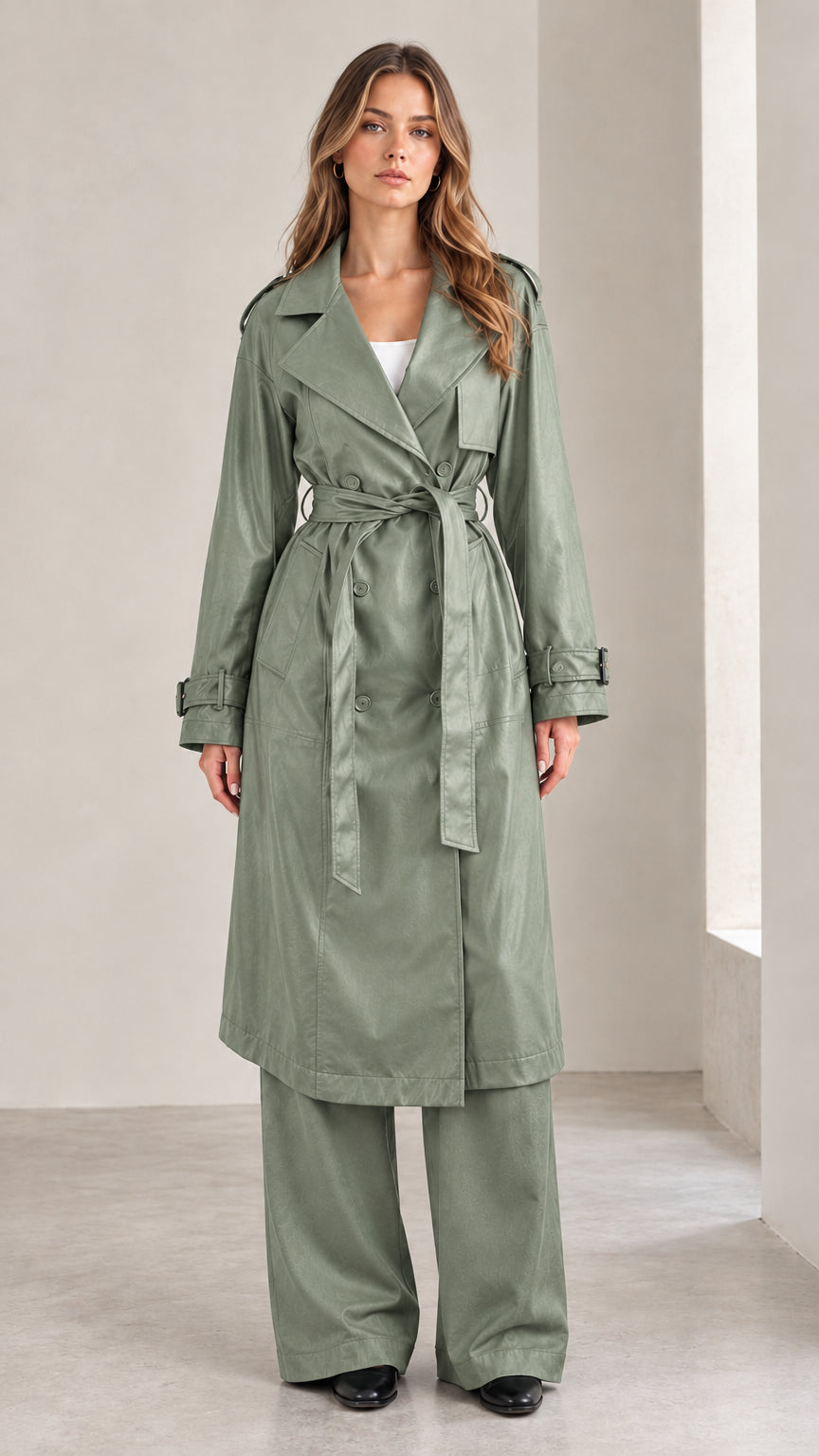 Model wearing the sage green belted trench coat and matching wide-leg trousers set