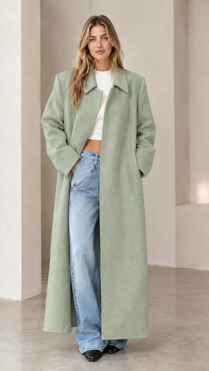 Full-length front view of a model wearing the sage green tailored maxi coat
