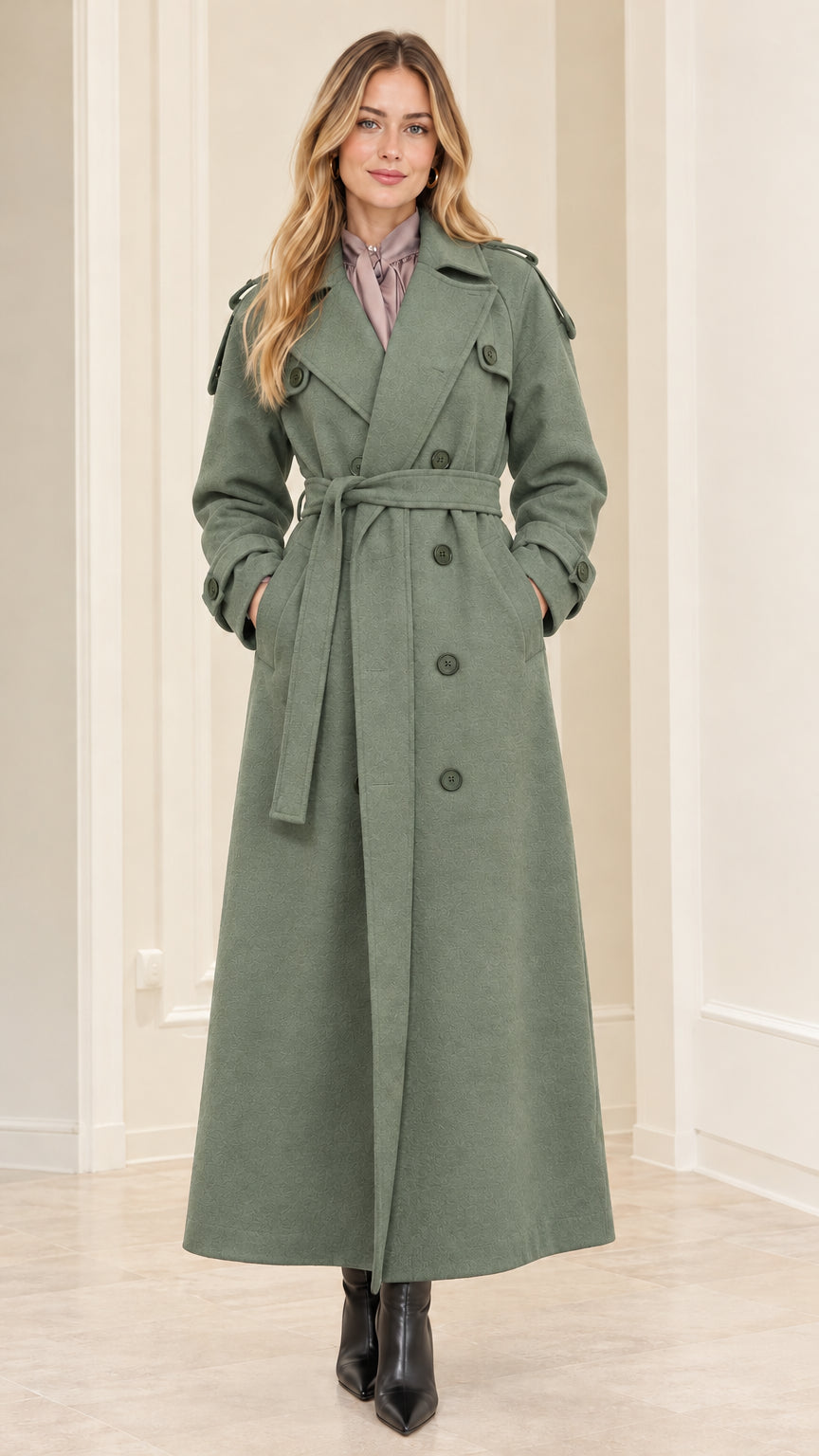 Front full view of woman wearing Sage Green double-breasted maxi trench coat