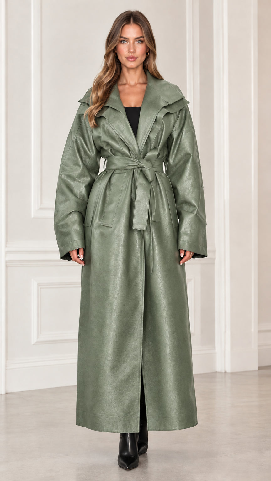 Front view of model wearing sage green maxi faux leather trench coat