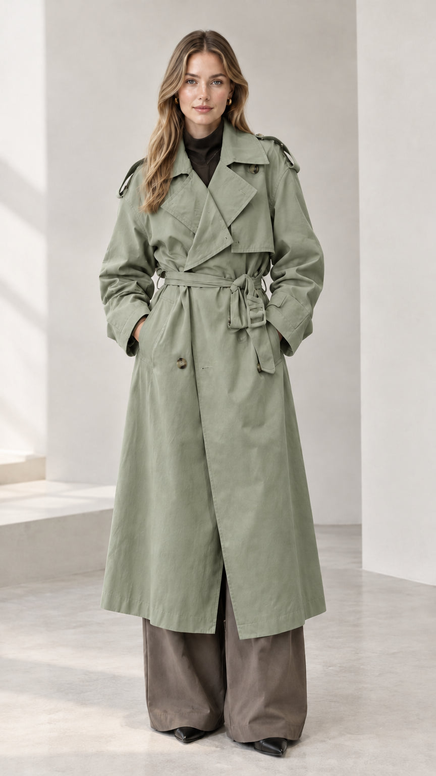 Front view of woman wearing long sage green double-breasted trench coat with waist belt