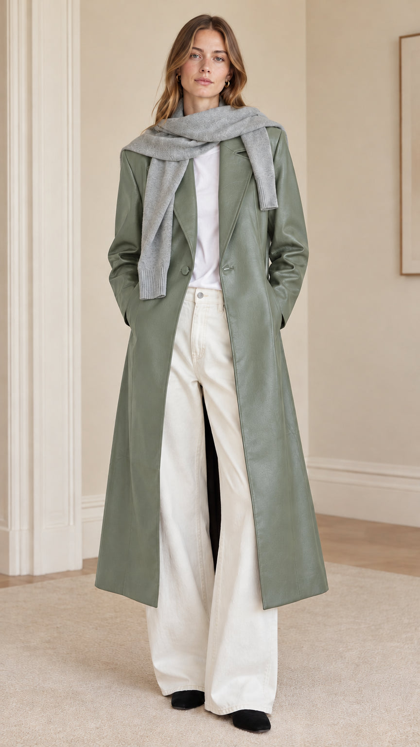 Model wearing sage green maxi faux leather coat layered over casual chic outfit