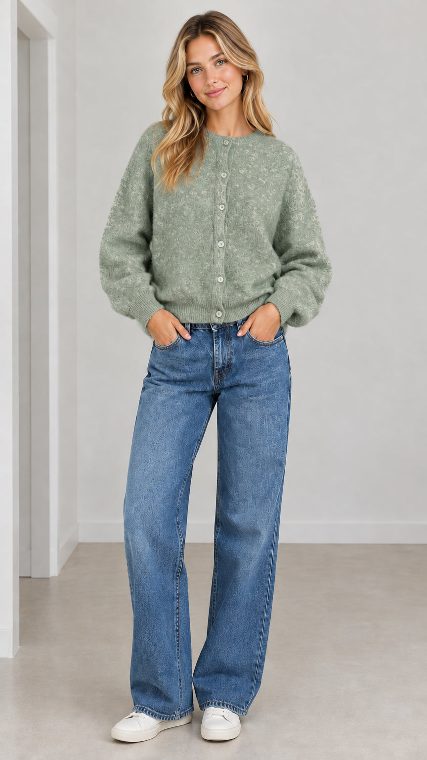 Woman wearing Sage Green fuzzy knit button-front cardigan sweater
