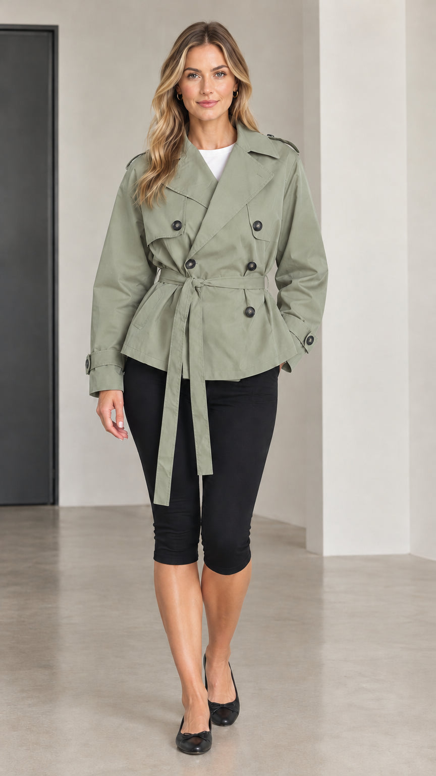 Front view of woman wearing sage green short double-breasted trench coat with tie belt