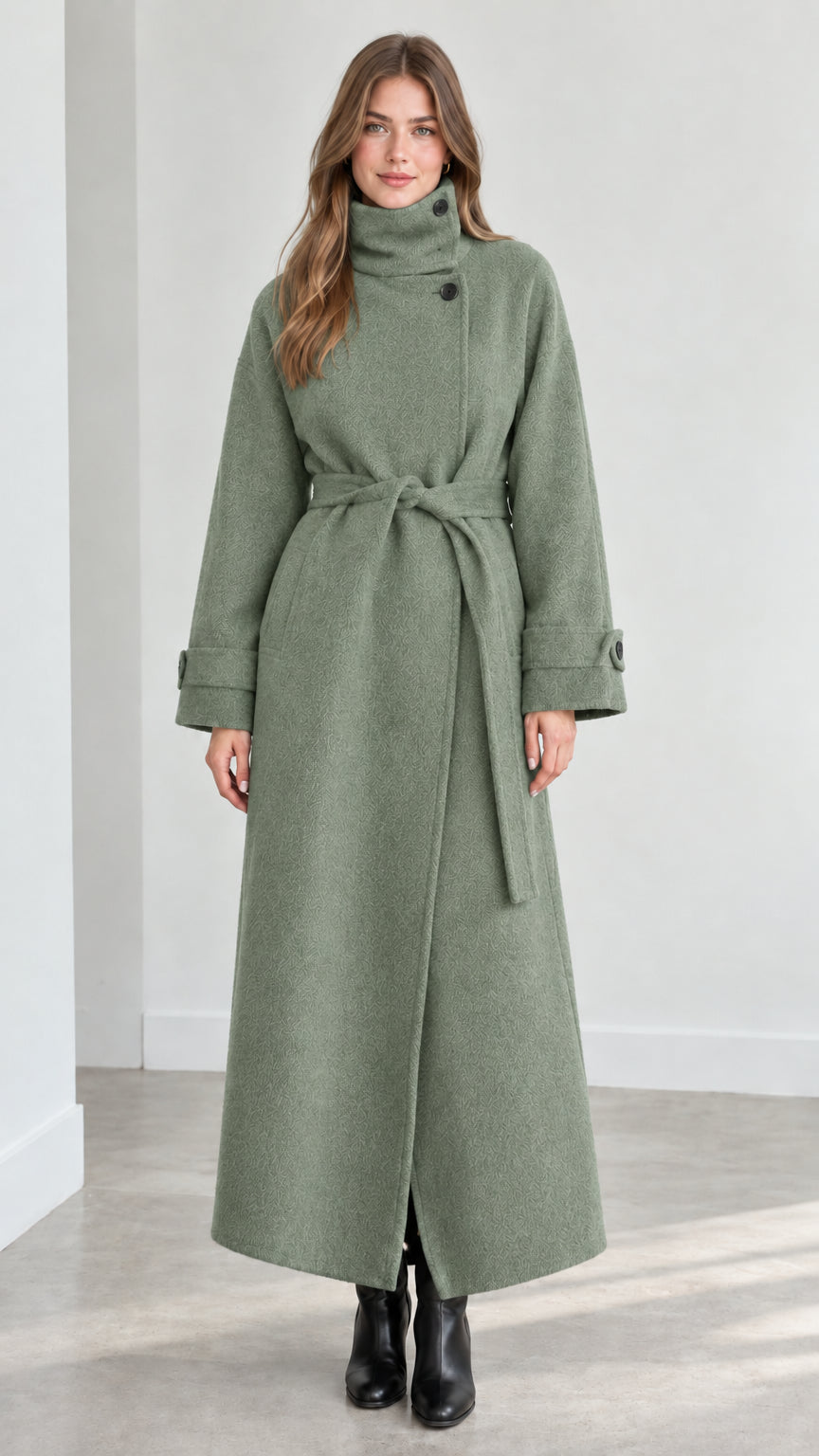 Front view of model wearing sage green high neck belted maxi coat