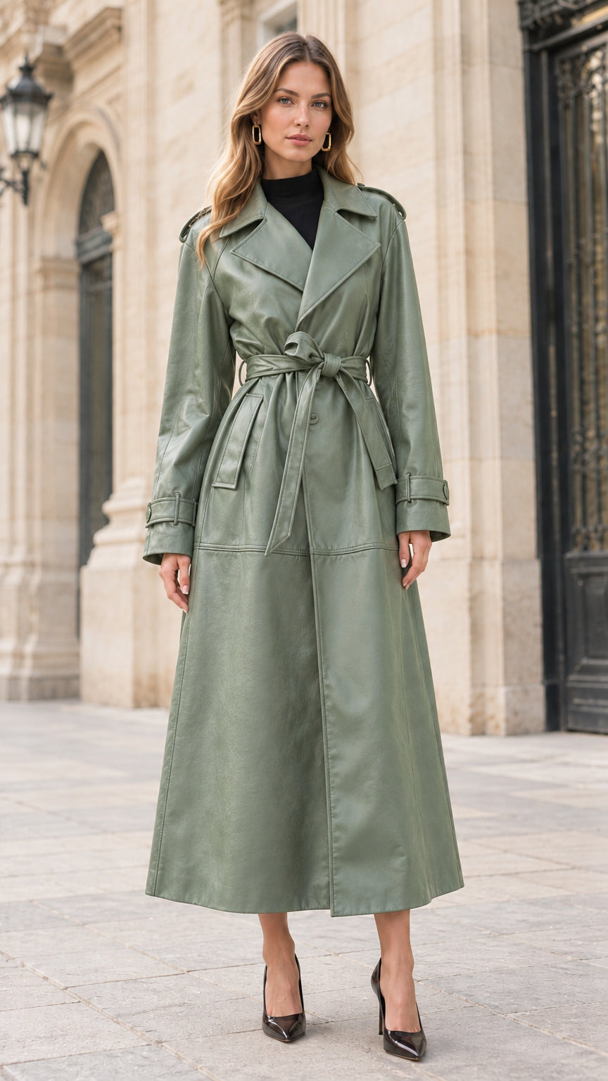 Front view of woman wearing sage green faux leather longline trench coat