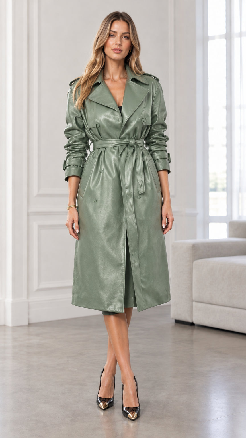 Model wearing sage green faux leather belted midi trench coat with tie belt