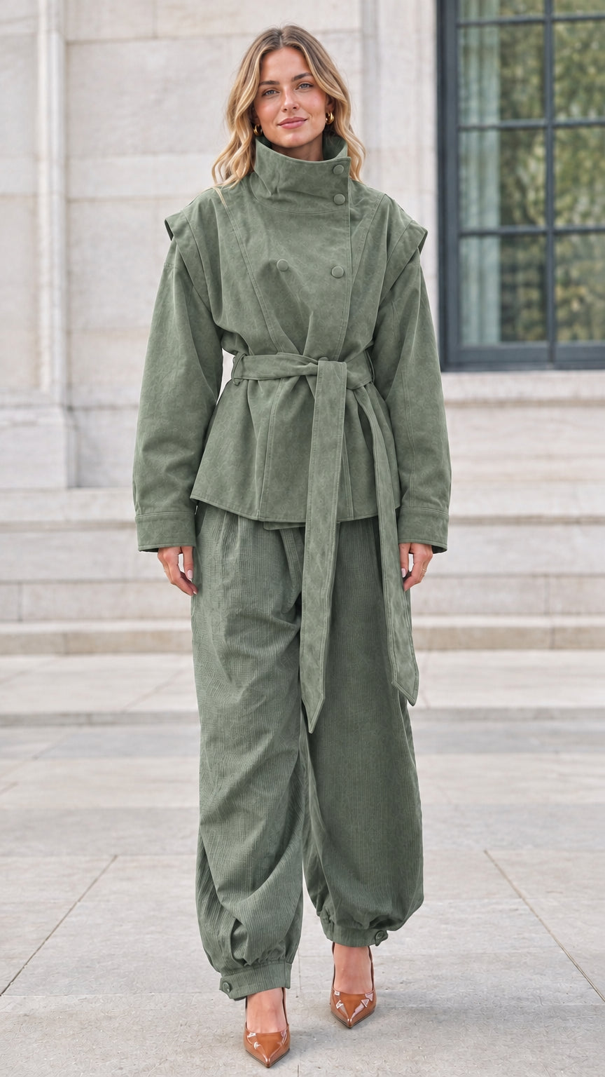 Full-length view of woman wearing sage green stand collar belted jacket outfit