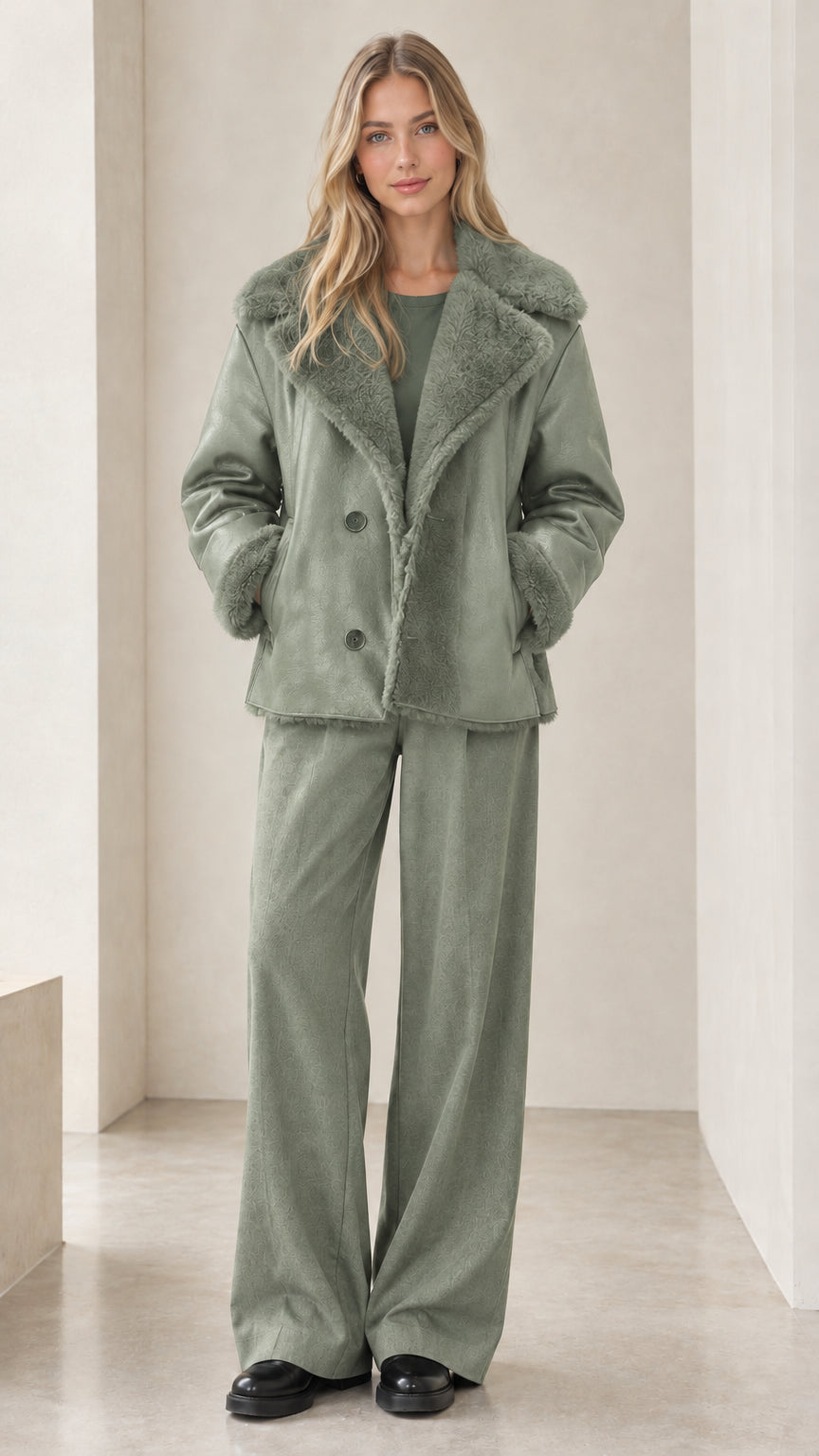 Full-body view of model wearing sage green faux shearling jacket with matching pants