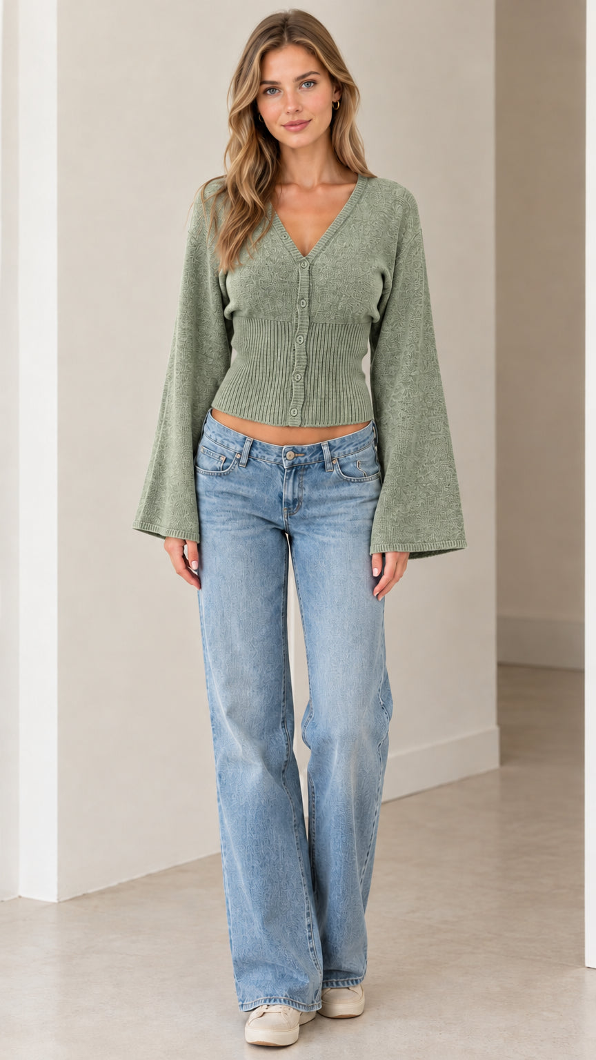 Full front view of model wearing sage green V-neck bell sleeve knit cardigan