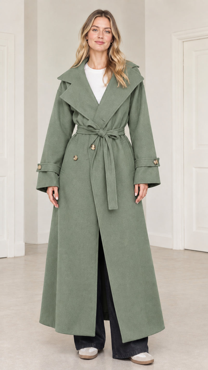 Front full-length view of woman wearing sage green maxi belted trench coat
