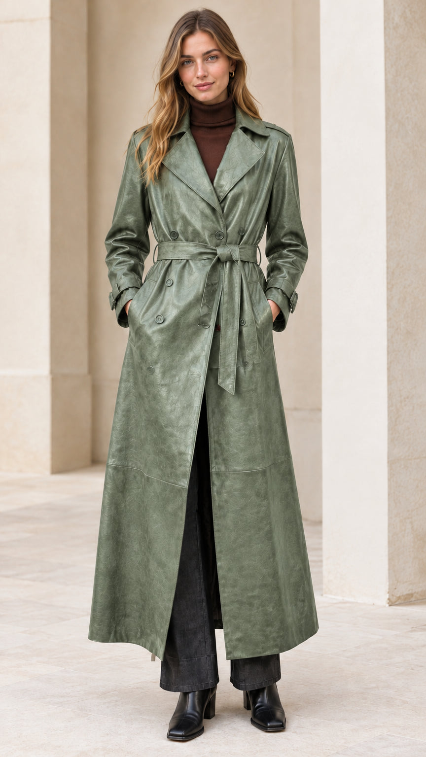 Full-length front view of sage green faux leather maxi trench coat belted over outfit