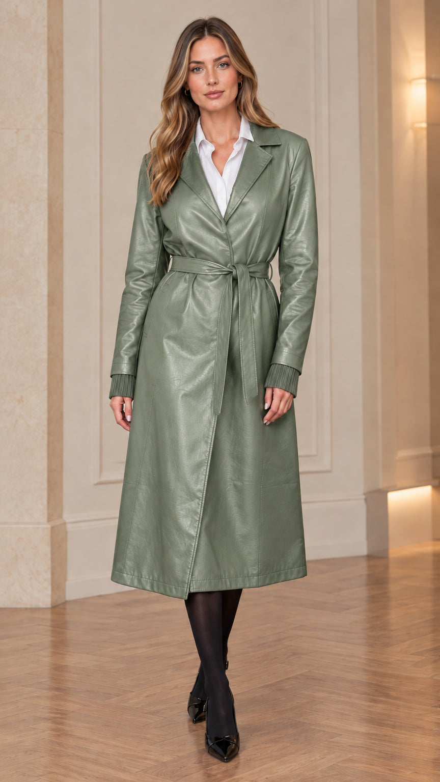 Full-length front view of sage green belted faux leather trench coat