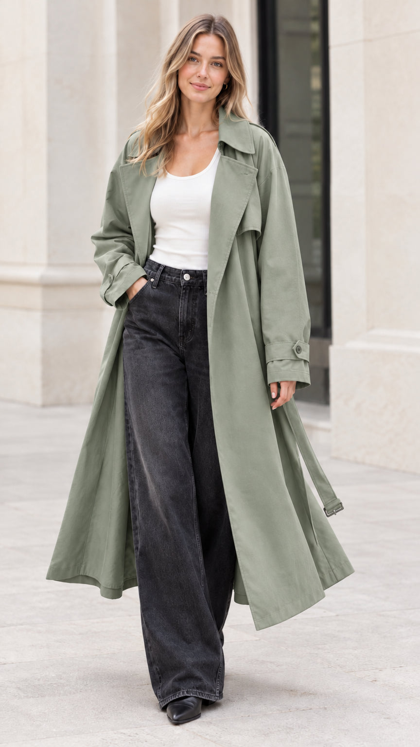 Front full-length view of woman wearing sage green longline trench coat