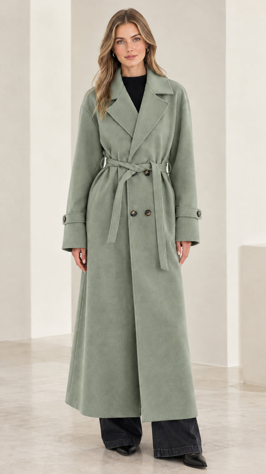 Front view of woman modeling a sage green double-breasted maxi belted trench coat