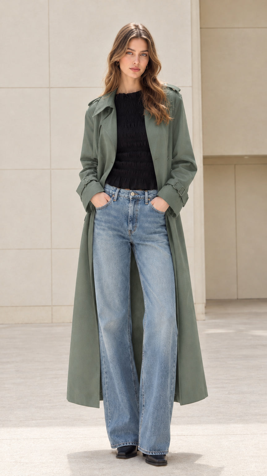 Front open view of woman wearing long sage green trench coat with jeans